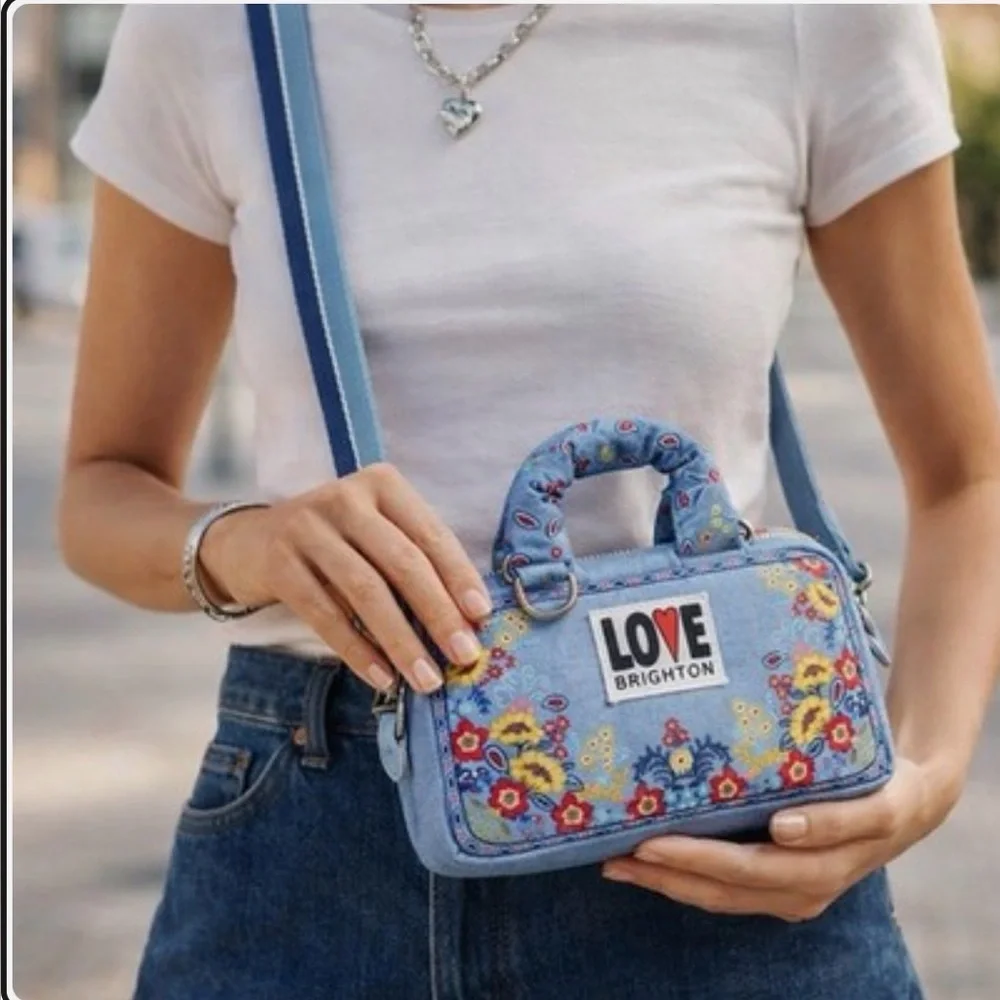 Brighton LOVE Bandana Floral Mini Crossbody Bag Blue Zip Pouch Wristlet Strap - Picture 1 of 4